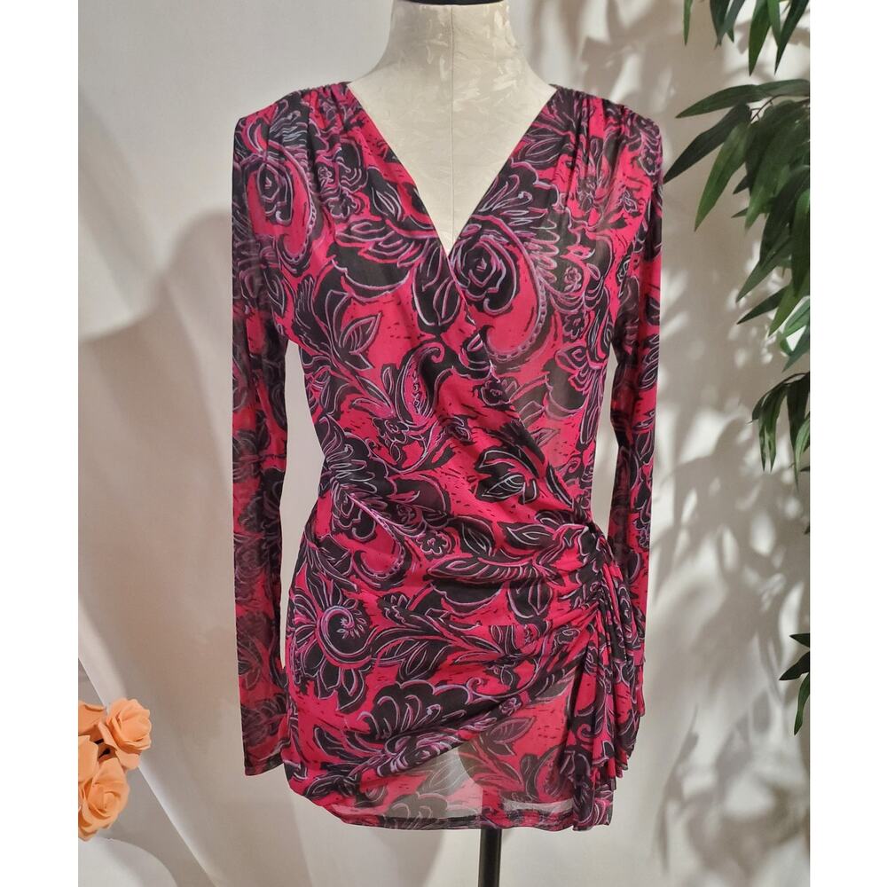 Karen Kane Y2K Sheer Mesh Floral Drape Wrap Top Size L Grunge Whimsigoth Pink